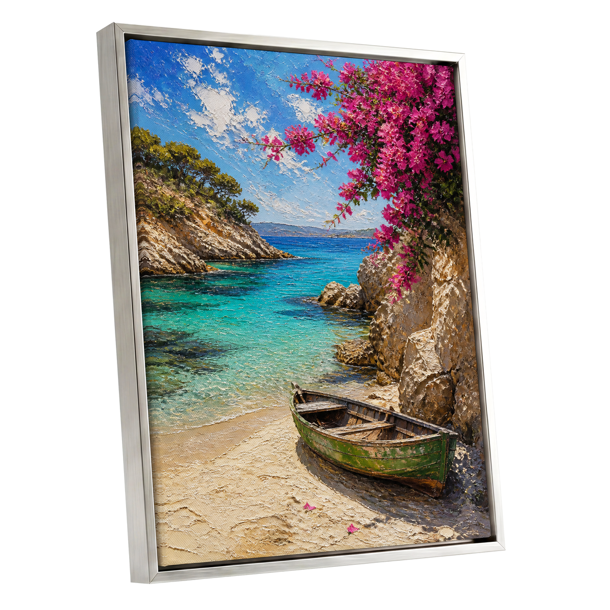 Bougainvillea Cove, blue, pink, beige nature wall art shown as a silver framed canvas wall art