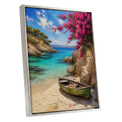 Bougainvillea Cove, blue, pink, beige nature wall art shown as a silver framed canvas wall art