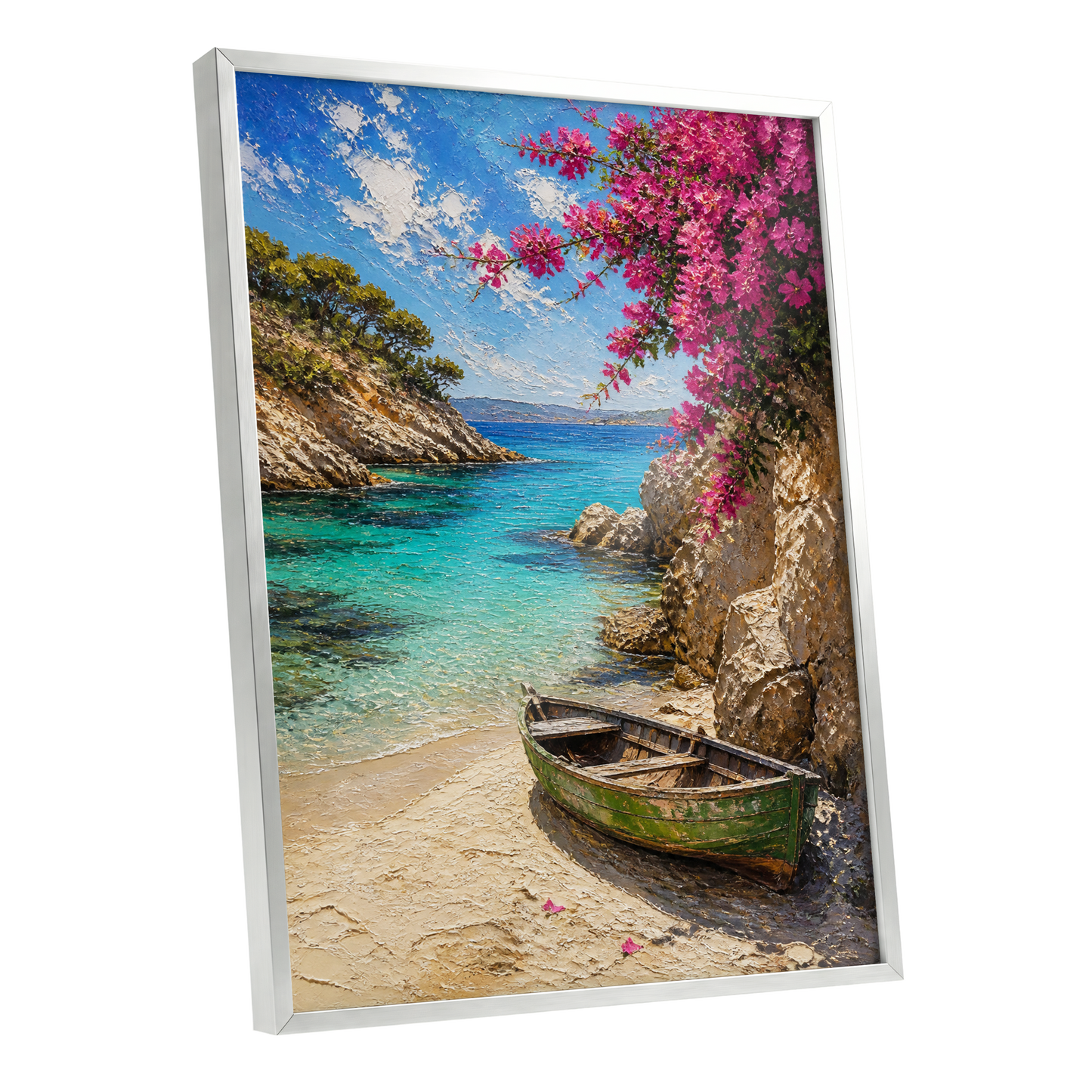 Bougainvillea Cove, blue, pink, beige nature wall art shown as a silver framed poster wall art print