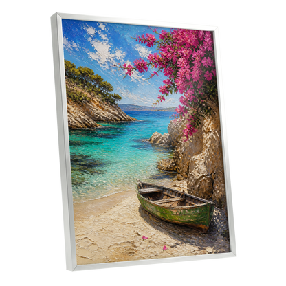 Bougainvillea Cove, blue, pink, beige nature wall art shown as a silver framed poster wall art print