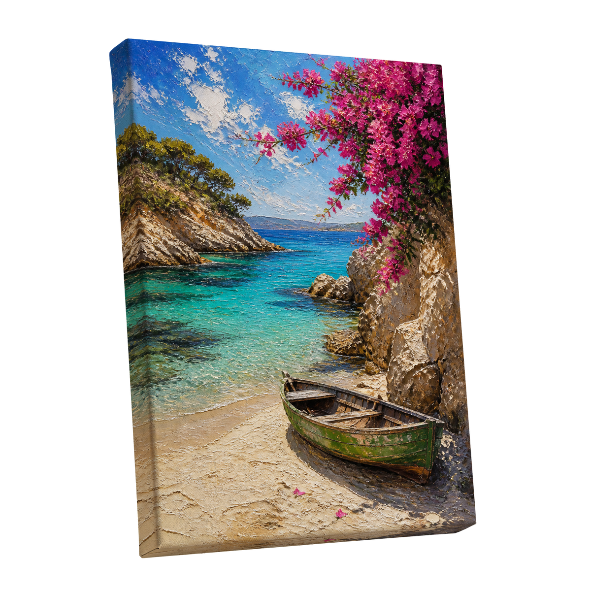 Bougainvillea Cove, blue, pink, beige nature wall art shown as a stretched canvas wall art