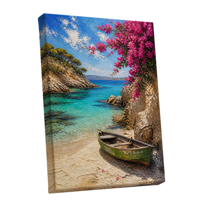 Bougainvillea Cove, blue, pink, beige nature wall art shown as a stretched canvas wall art
