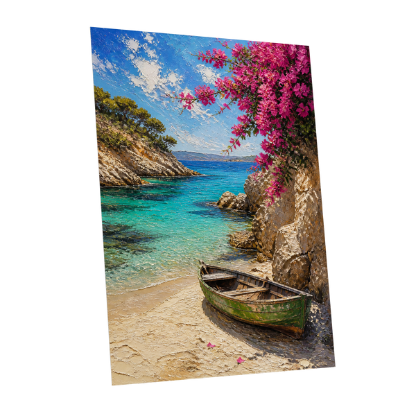 Bougainvillea Cove, blue, pink, beige nature wall art shown as a unframed poster wall art print