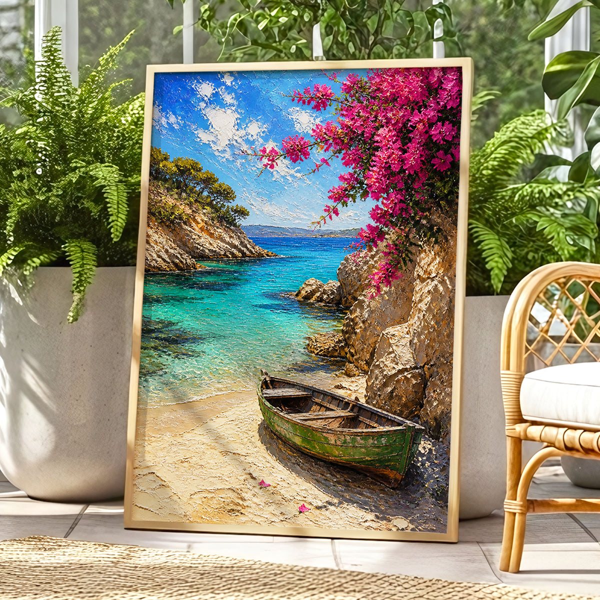 Bougainvillea Cove, blue, pink, beige nature wall art displayed in a styled interior, gallery view 1