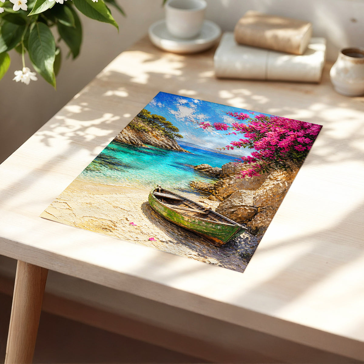 Bougainvillea Cove, blue, pink, beige nature wall art displayed in a styled interior, gallery view 1