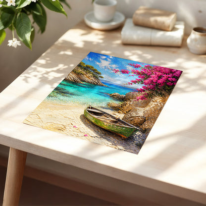 Bougainvillea Cove, blue, pink, beige nature wall art displayed in a styled interior, gallery view 1