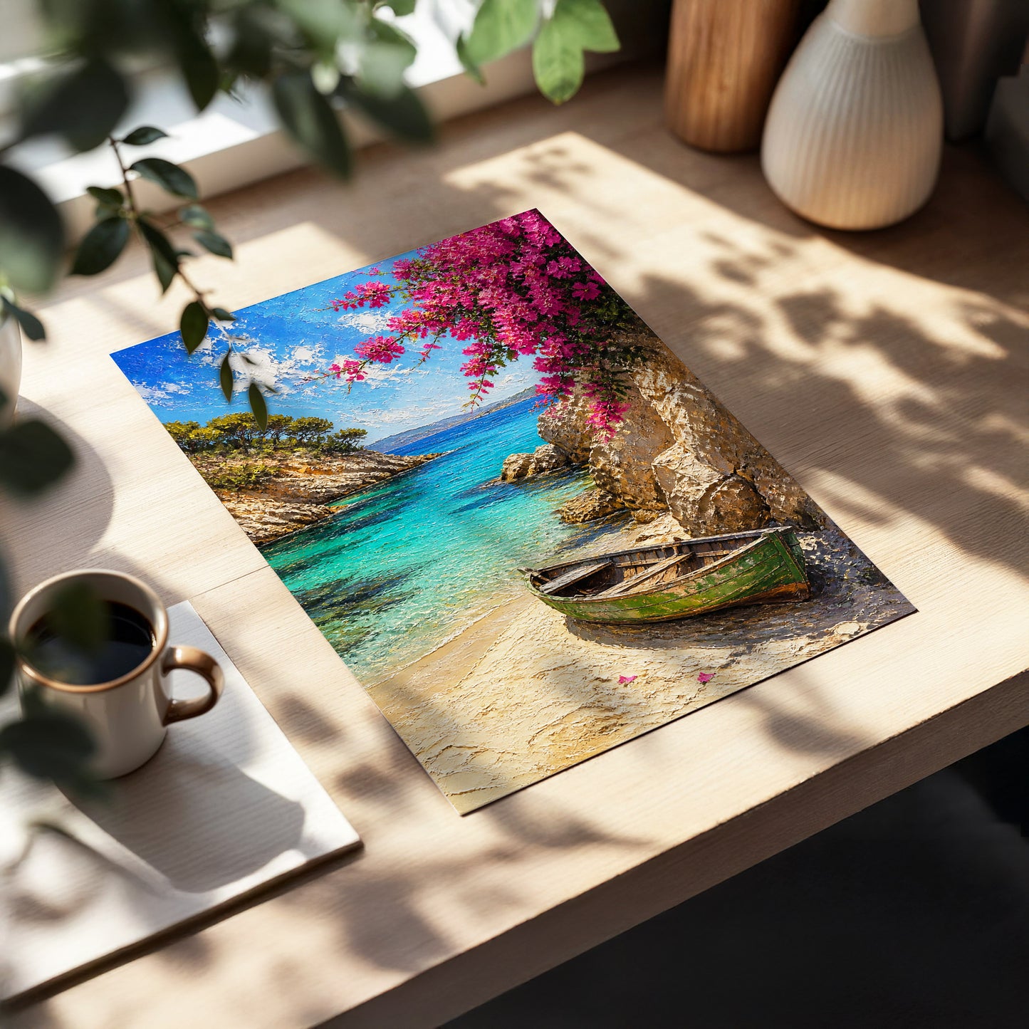 Bougainvillea Cove, blue, pink, beige nature wall art displayed in a styled interior, gallery view 2