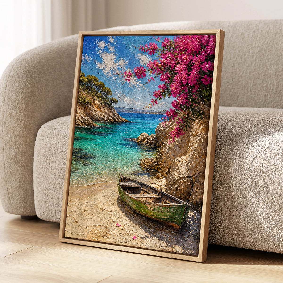 Bougainvillea Cove, blue, pink, beige nature wall art displayed in a styled interior, gallery view 2