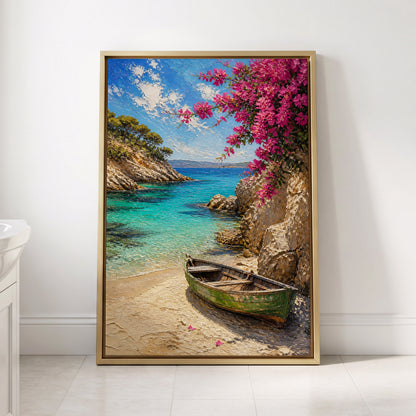 Bougainvillea Cove, blue, pink, beige nature wall art displayed in a styled interior, gallery view 3