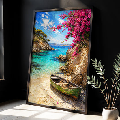 Bougainvillea Cove, blue, pink, beige nature wall art displayed in a styled interior, gallery view 3