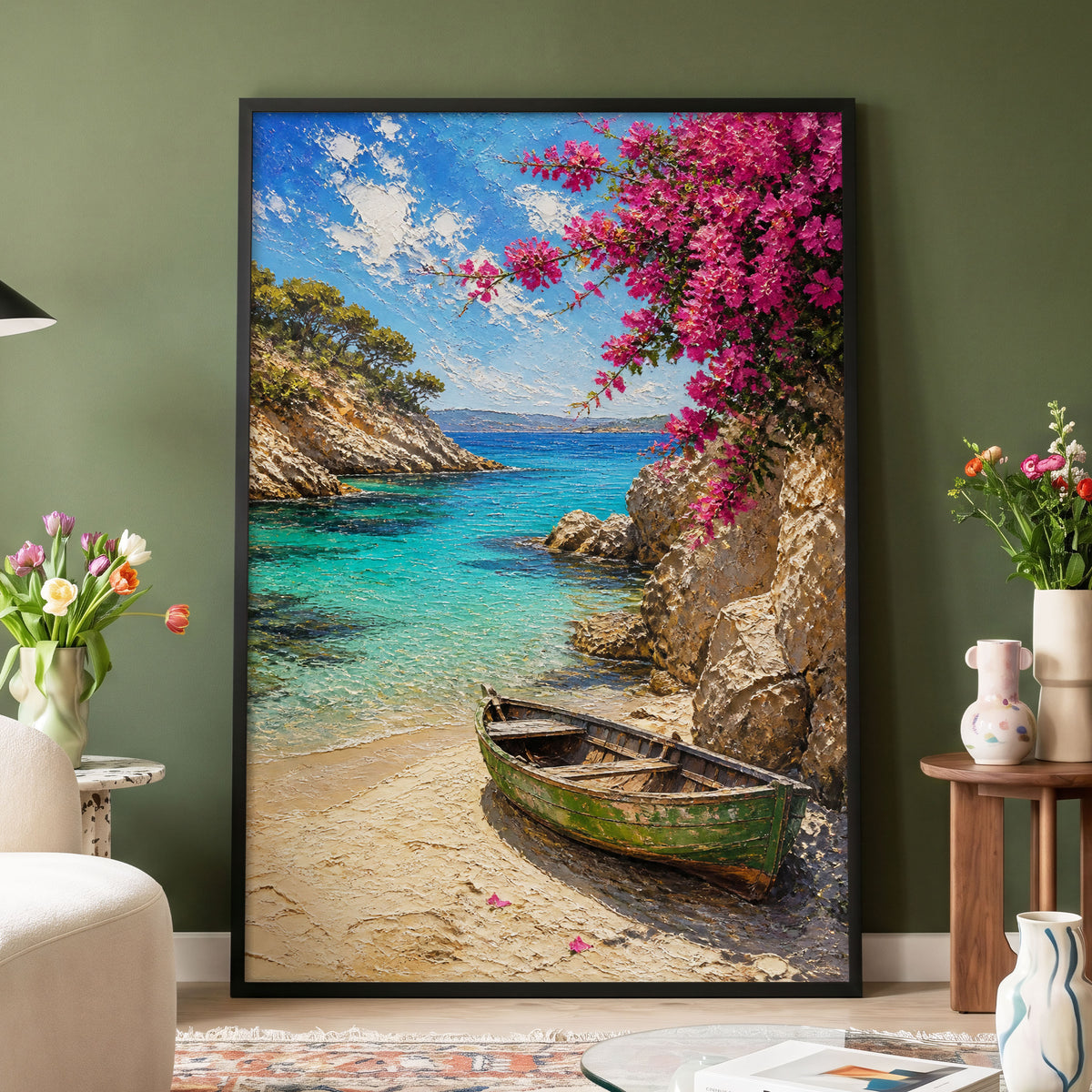 Bougainvillea Cove, blue, pink, beige nature wall art displayed in a styled interior, gallery view 4