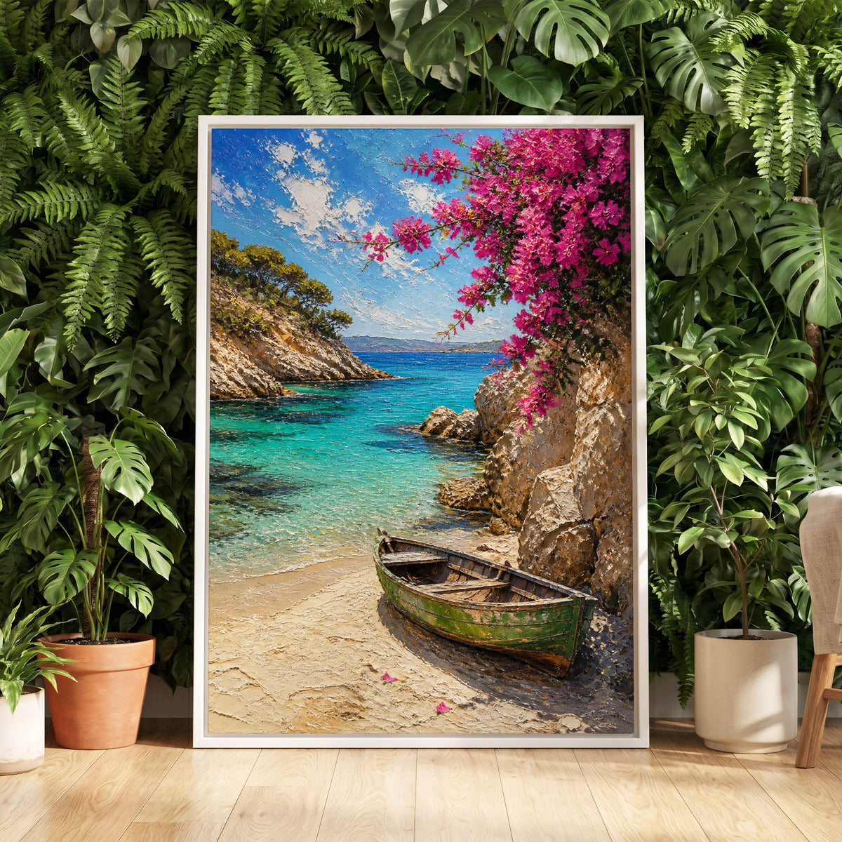 Bougainvillea Cove, blue, pink, beige nature wall art displayed in a styled interior, gallery view 5