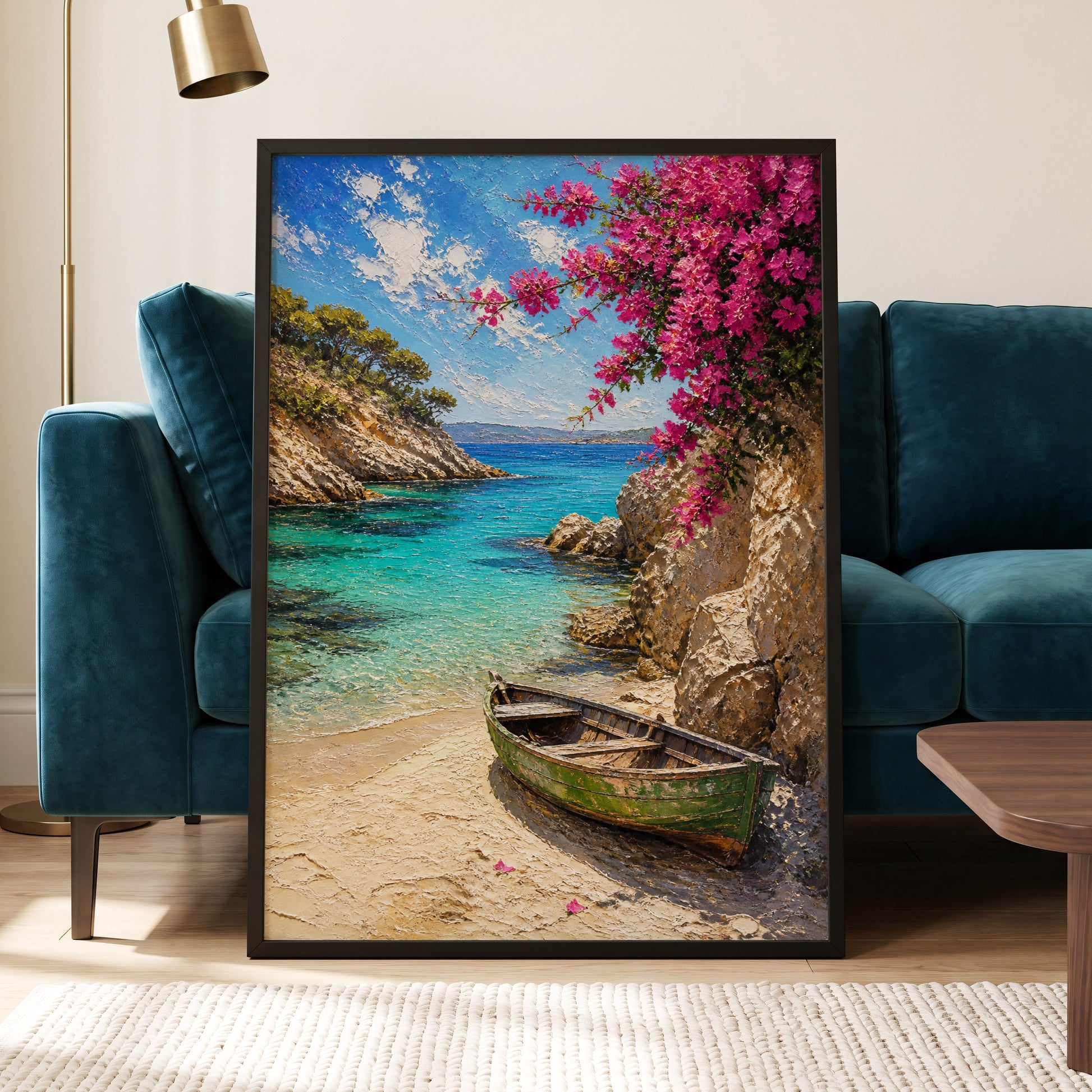 Bougainvillea Cove, blue, pink, beige nature wall art displayed in a styled interior, gallery view 6