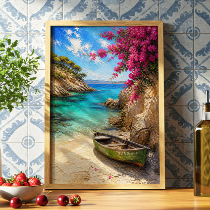 Bougainvillea Cove, blue, pink, beige nature wall art displayed in a styled interior, gallery view 6