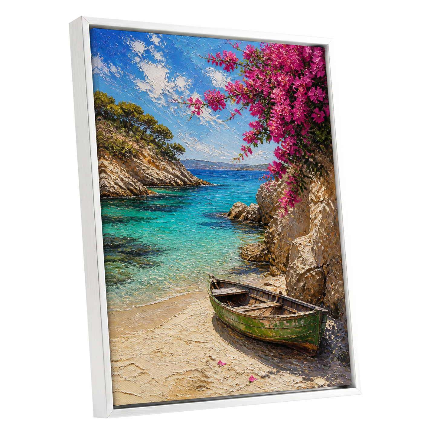 Bougainvillea Cove, blue, pink, beige nature wall art shown as a white framed canvas wall art