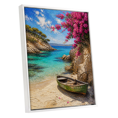 Bougainvillea Cove, blue, pink, beige nature wall art shown as a white framed canvas wall art