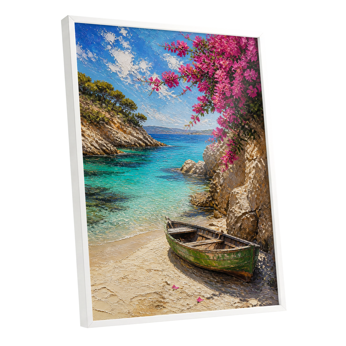 Bougainvillea Cove, blue, pink, beige nature wall art shown as a white framed poster wall art print