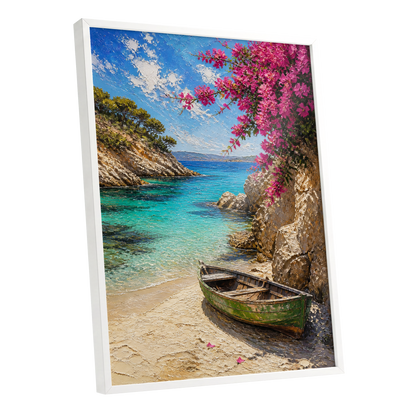 Bougainvillea Cove, blue, pink, beige nature wall art shown as a white framed poster wall art print