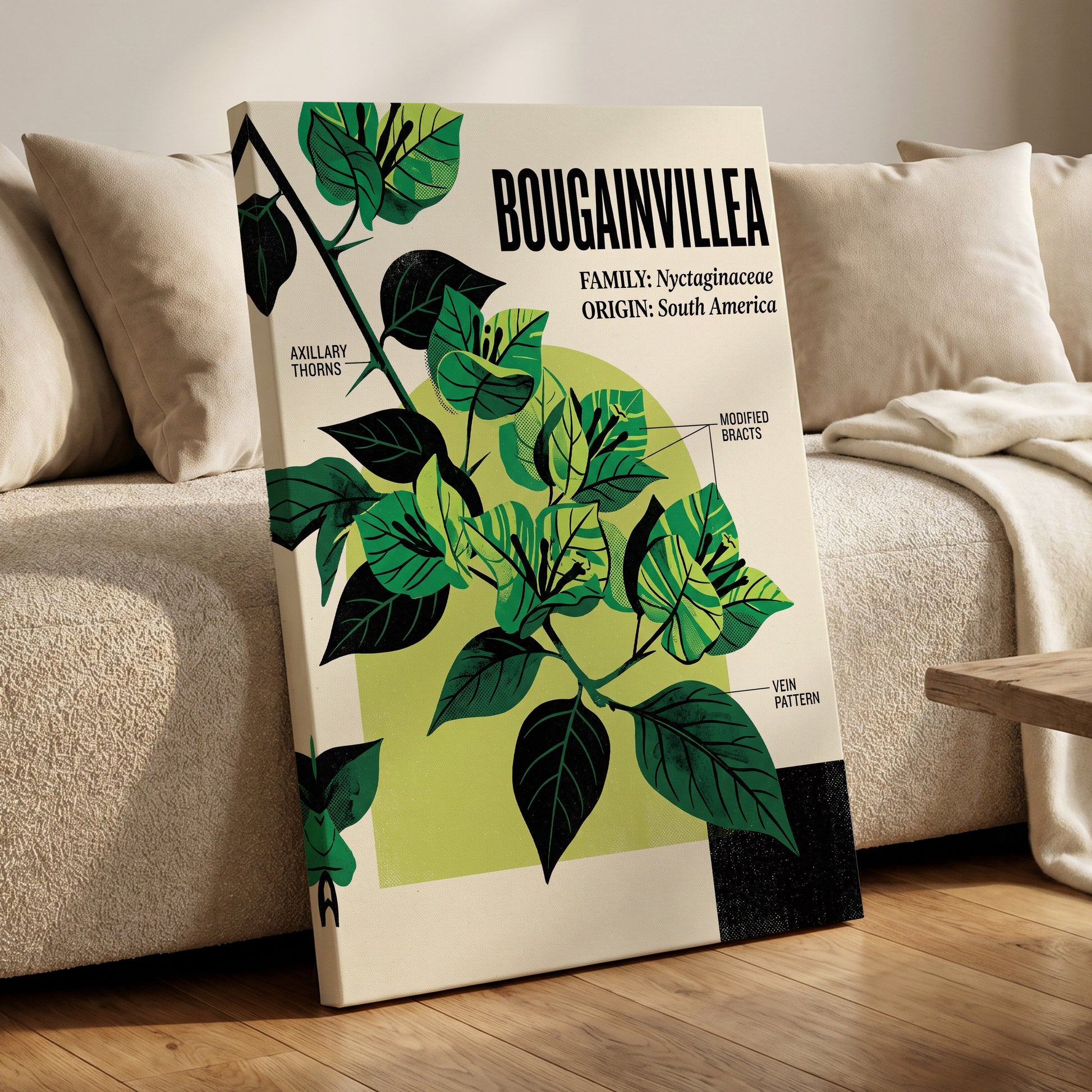 Bougainvillea Study, green, black, beige floral wall art on canvas displayed in a styled interior, gallery view 1