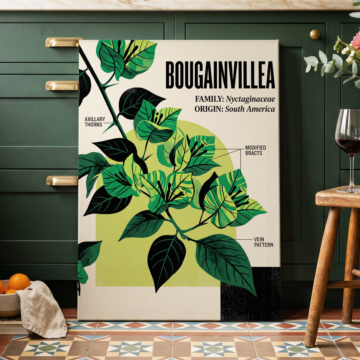 Bougainvillea Study, green, black, beige floral wall art on canvas displayed in a styled interior, gallery view 2