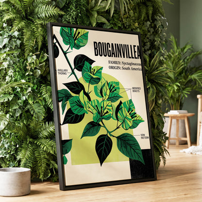 Bougainvillea Study, green, black, beige floral wall art displayed in a styled interior, gallery view 1