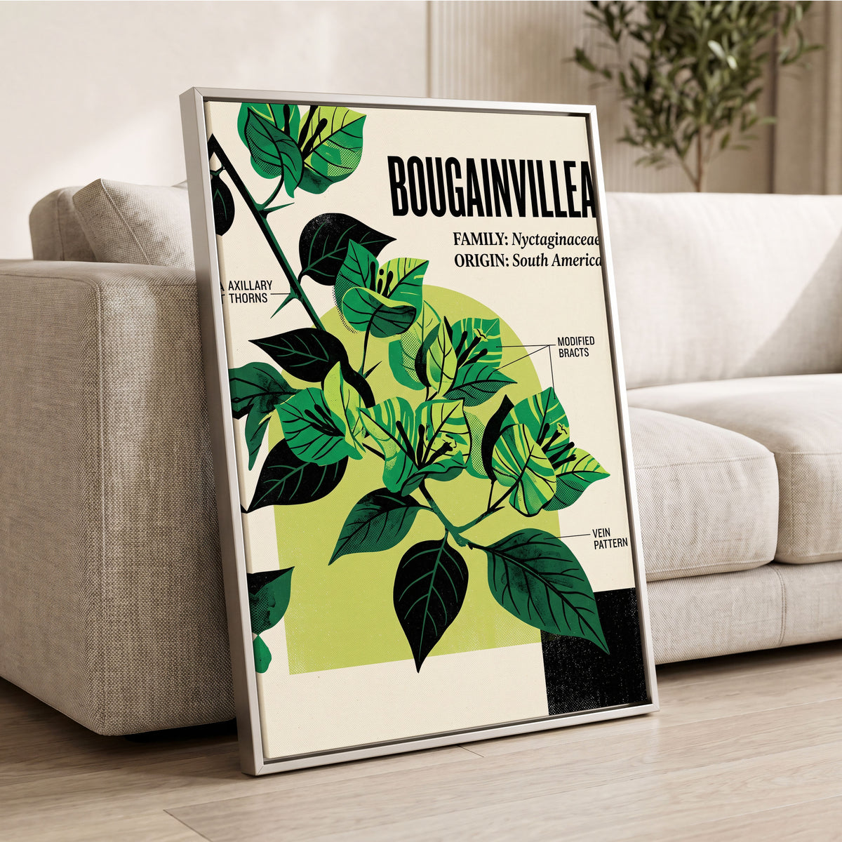 Bougainvillea Study, green, black, beige floral wall art displayed in a styled interior, gallery view 2