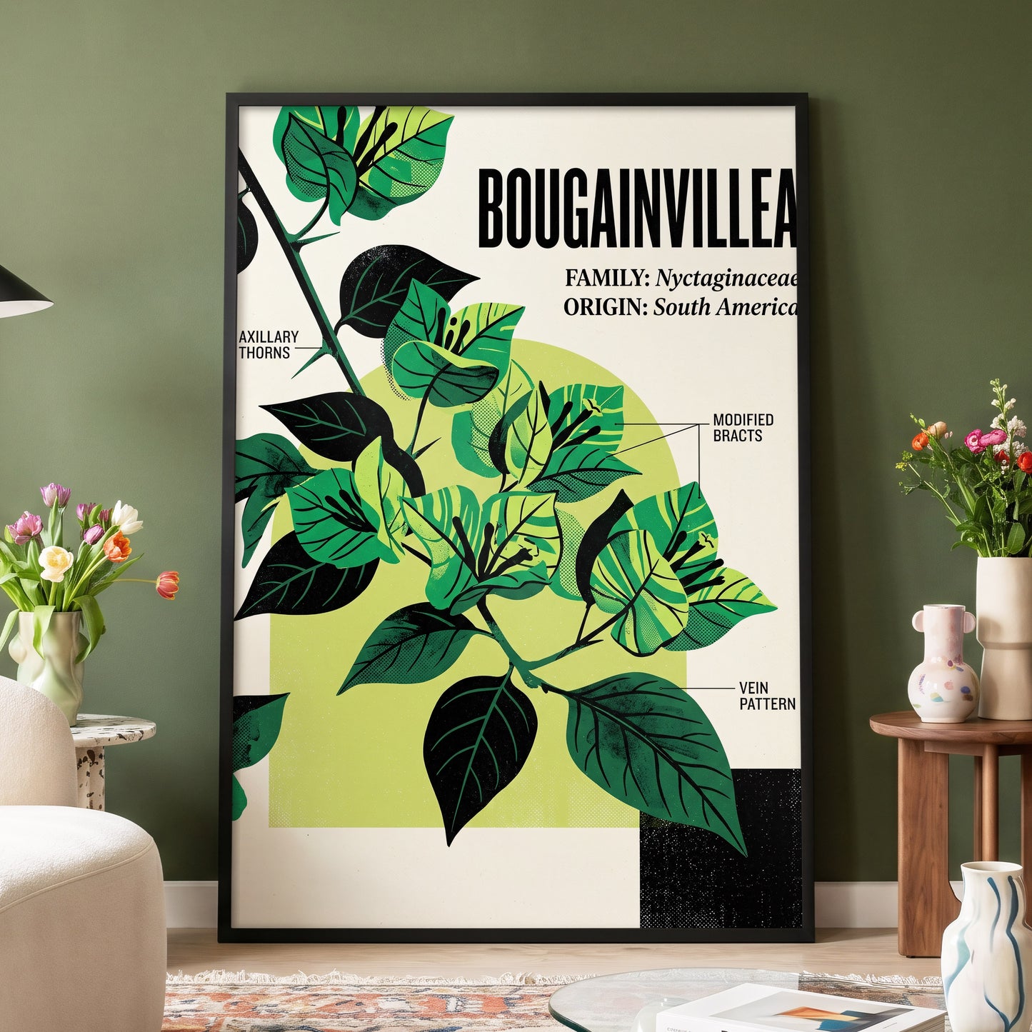 Bougainvillea Study, green, black, beige floral wall art displayed in a styled interior, gallery view 4