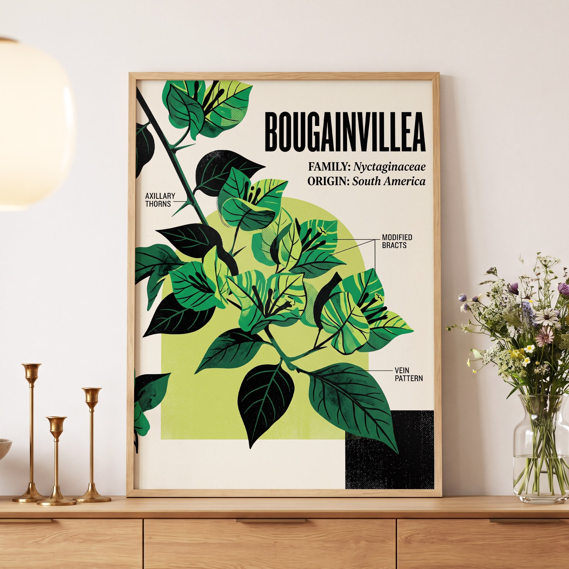 Bougainvillea Study, green, black, beige floral wall art displayed in a styled interior, gallery view 5