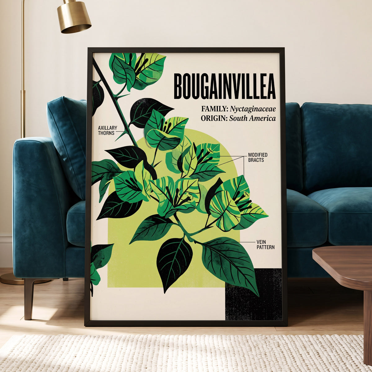 Bougainvillea Study, green, black, beige floral wall art displayed in a styled interior, gallery view 6