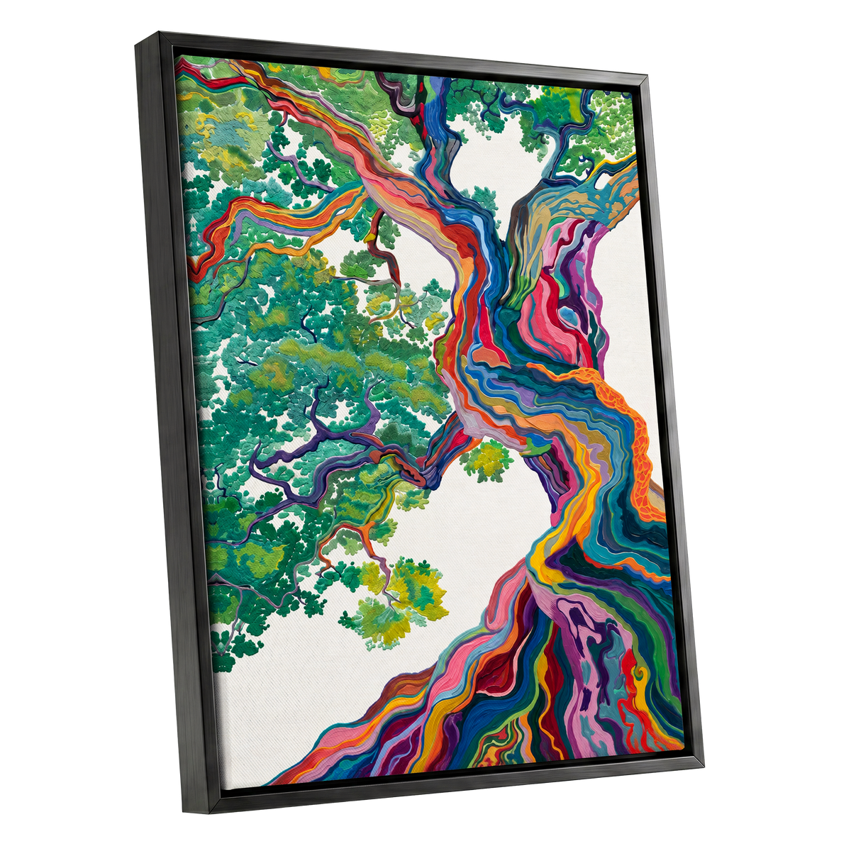 Boughs in Full Colour, green, blue, pink nature wall art shown as a black framed canvas wall art