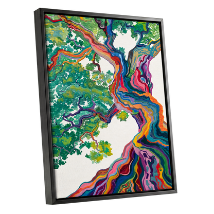 Boughs in Full Colour, green, blue, pink nature wall art shown as a black framed canvas wall art