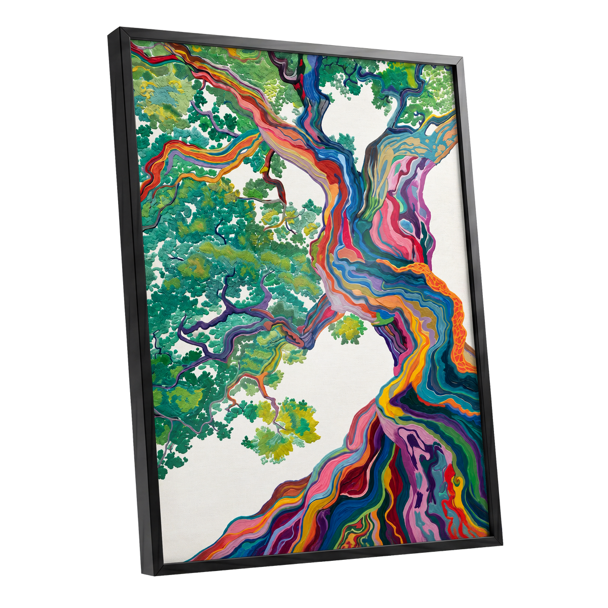 Boughs in Full Colour, green, blue, pink nature wall art shown as a black framed poster wall art print