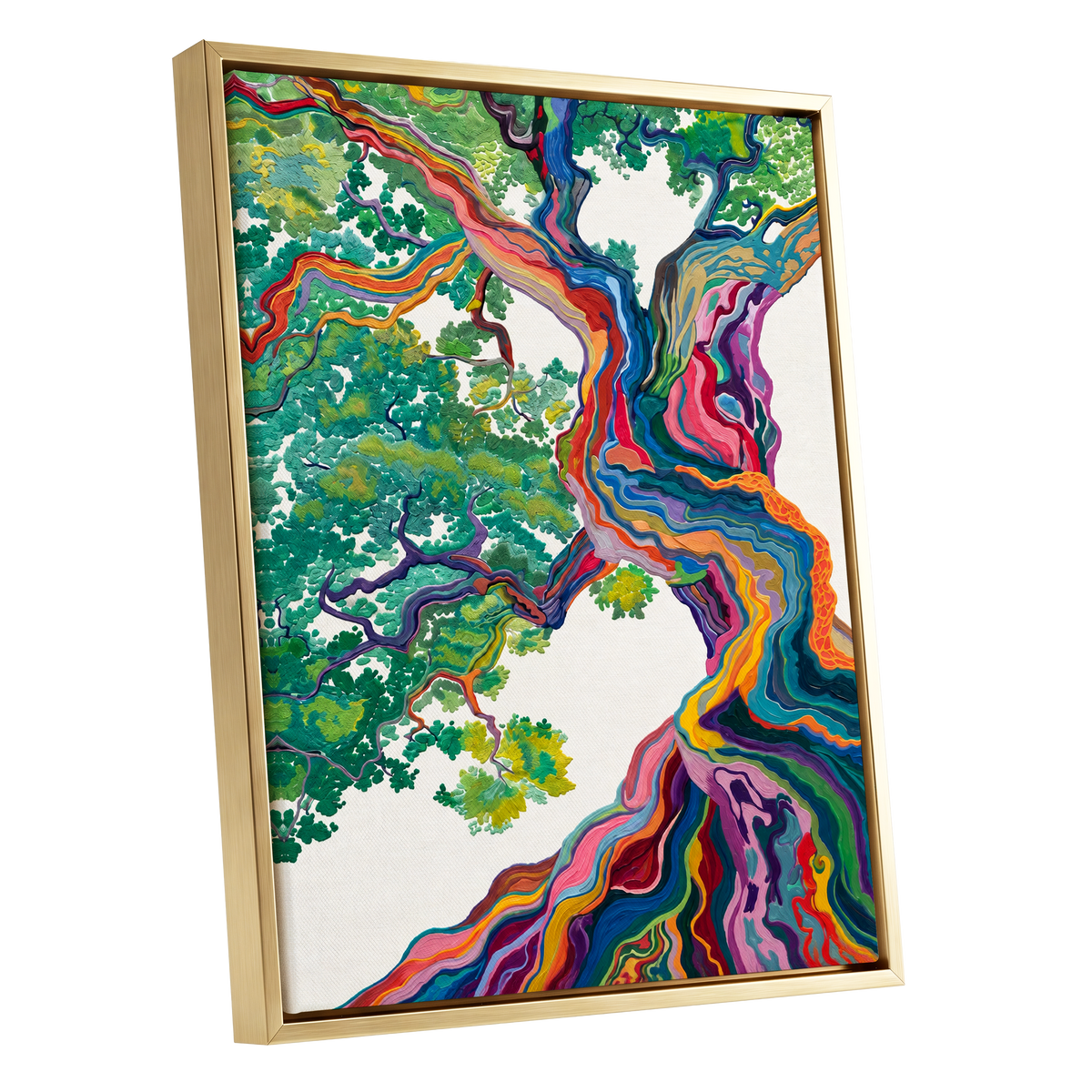 Boughs in Full Colour, green, blue, pink nature wall art shown as a gold framed canvas wall art
