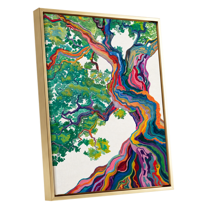 Boughs in Full Colour, green, blue, pink nature wall art shown as a gold framed canvas wall art