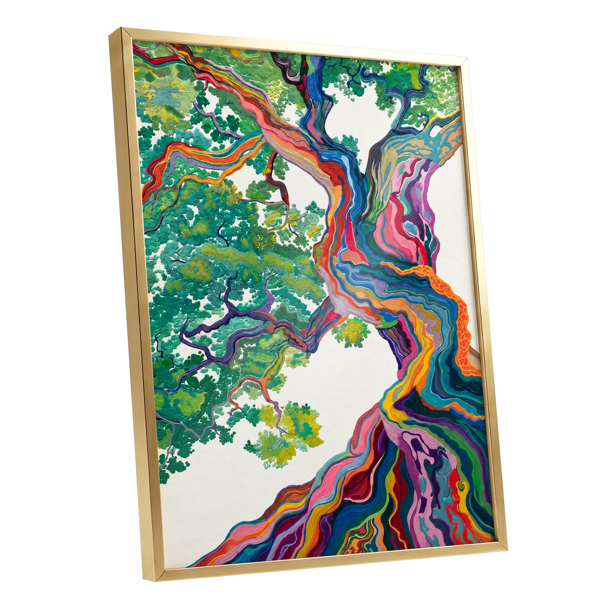 Boughs in Full Colour, green, blue, pink nature wall art shown as a gold framed poster wall art print