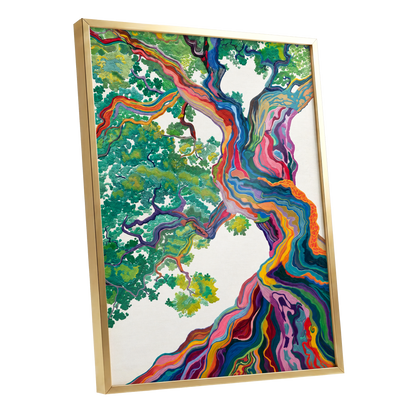 Boughs in Full Colour, green, blue, pink nature wall art shown as a gold framed poster wall art print