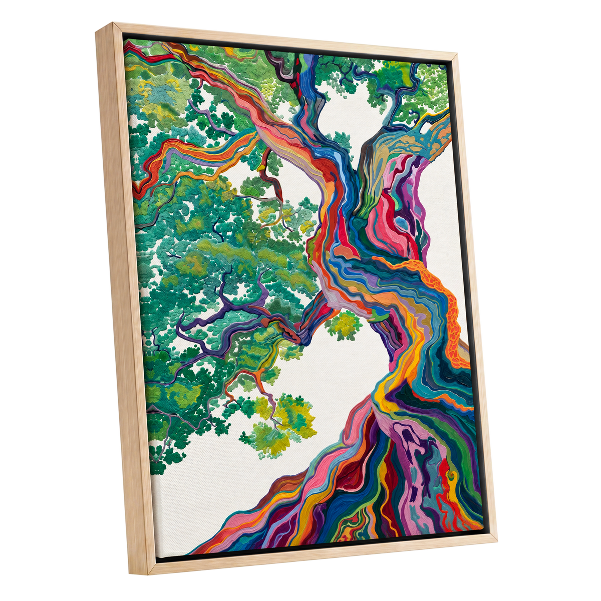 Boughs in Full Colour, green, blue, pink nature wall art shown as a oak framed canvas wall art