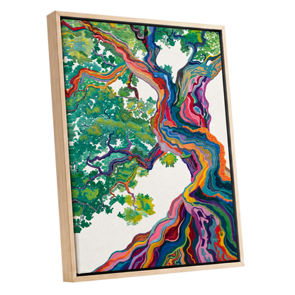 Boughs in Full Colour, green, blue, pink nature wall art shown as a oak framed canvas wall art