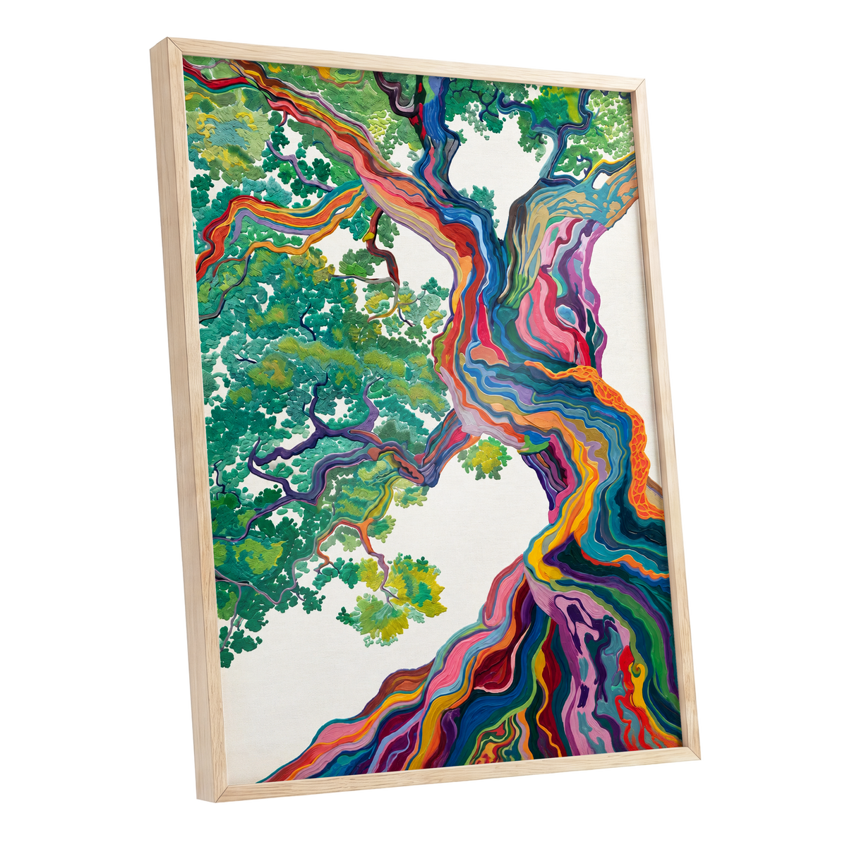 Boughs in Full Colour, green, blue, pink nature wall art shown as a oak framed poster wall art print
