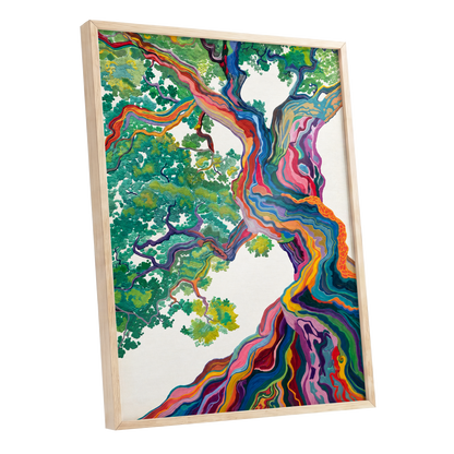 Boughs in Full Colour, green, blue, pink nature wall art shown as a oak framed poster wall art print