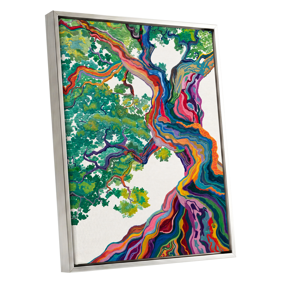 Boughs in Full Colour, green, blue, pink nature wall art shown as a silver framed canvas wall art