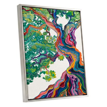 Boughs in Full Colour, green, blue, pink nature wall art shown as a silver framed canvas wall art