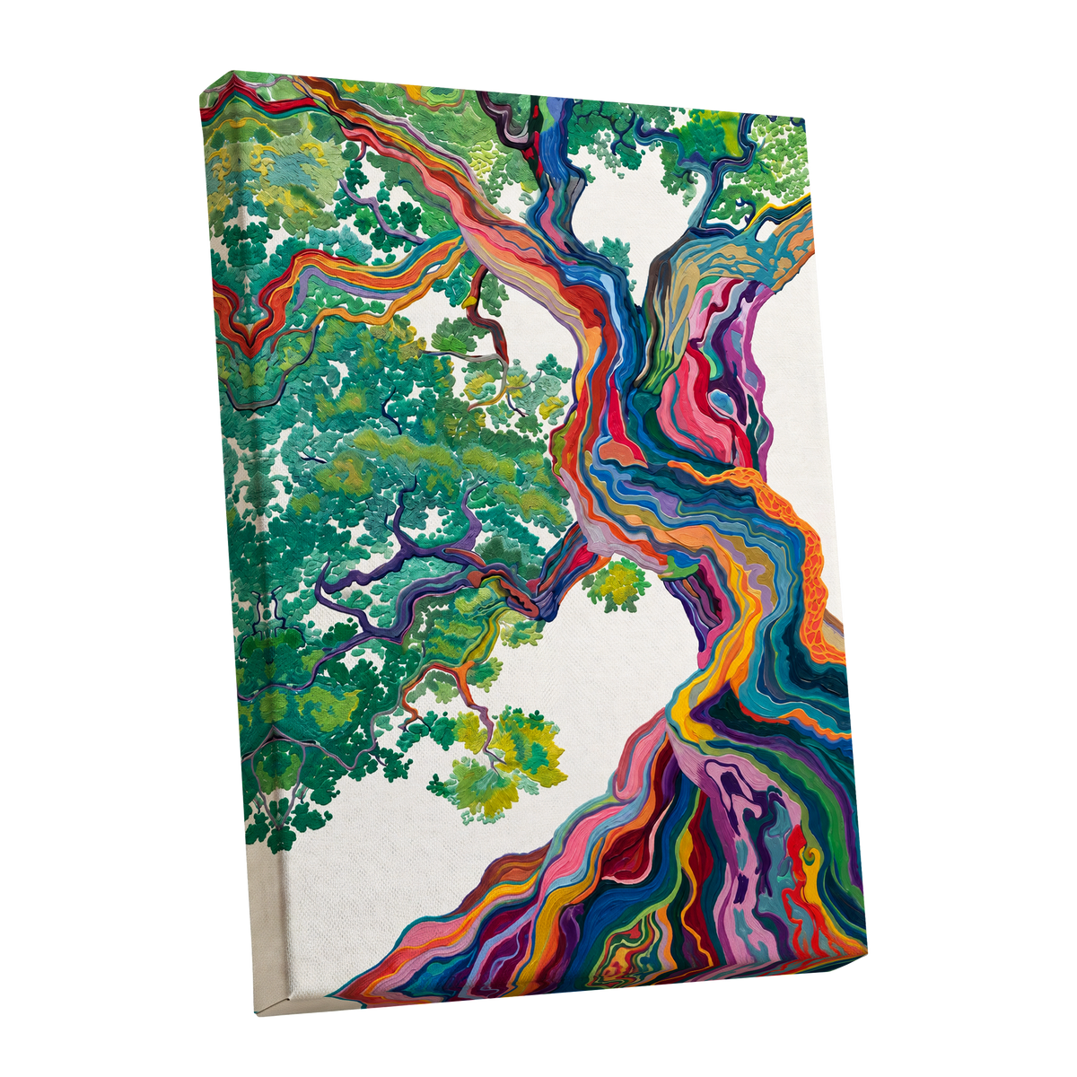 Boughs in Full Colour, green, blue, pink nature wall art shown as a stretched canvas wall art