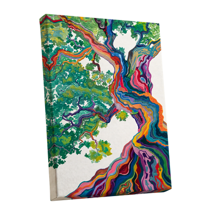 Boughs in Full Colour, green, blue, pink nature wall art shown as a stretched canvas wall art