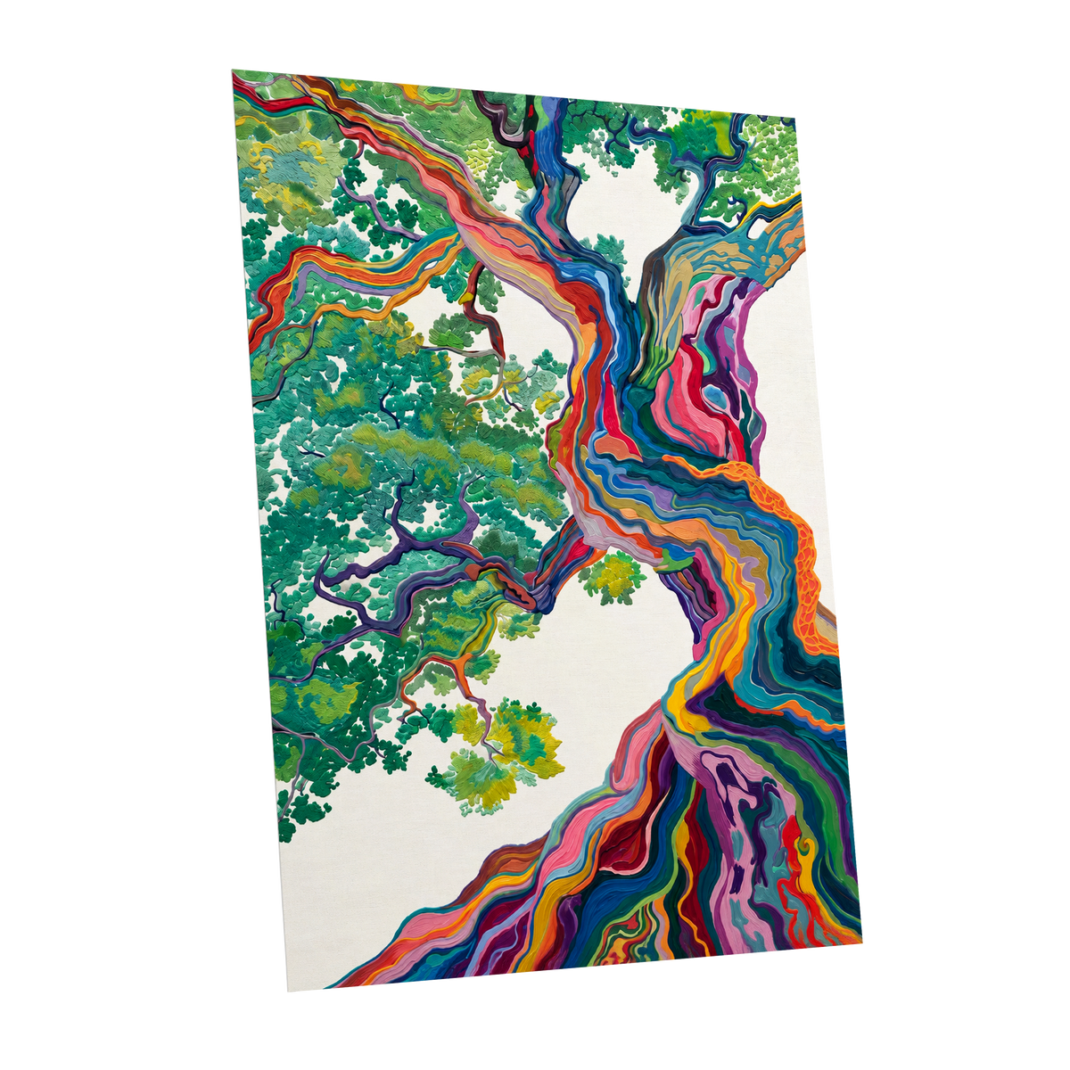 Boughs in Full Colour, green, blue, pink nature wall art shown as a unframed poster wall art print