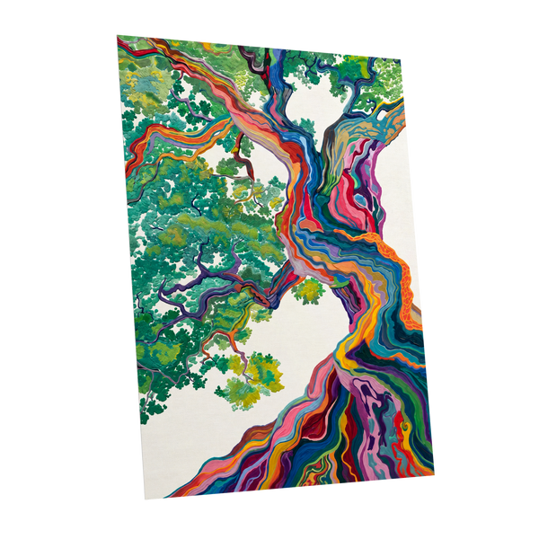 Boughs in Full Colour, green, blue, pink nature wall art shown as a unframed poster wall art print