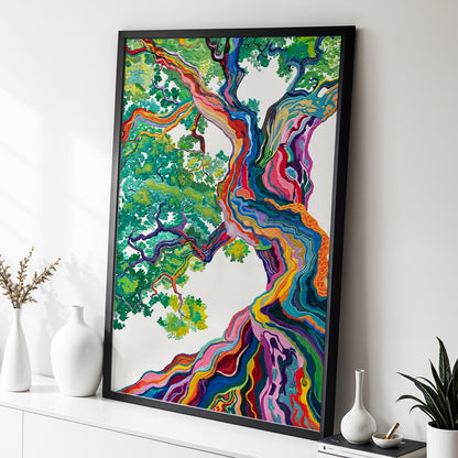 Boughs in Full Colour, green, blue, pink nature wall art displayed in a styled interior, gallery view 2