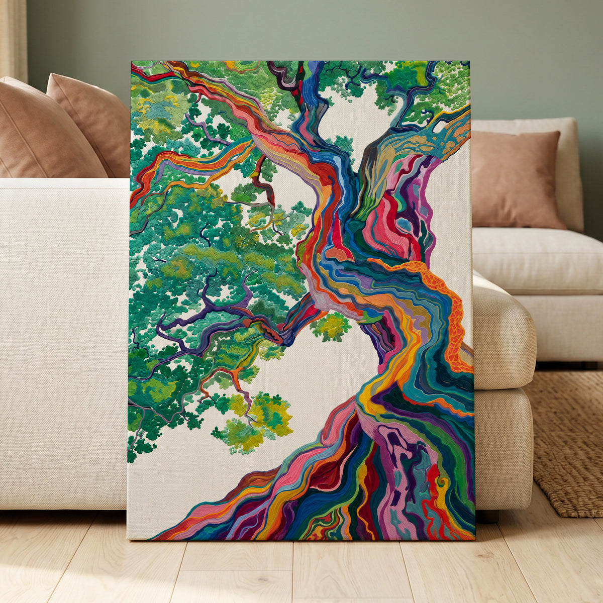 Boughs in Full Colour, green, blue, pink nature wall art displayed in a styled interior, gallery view 3