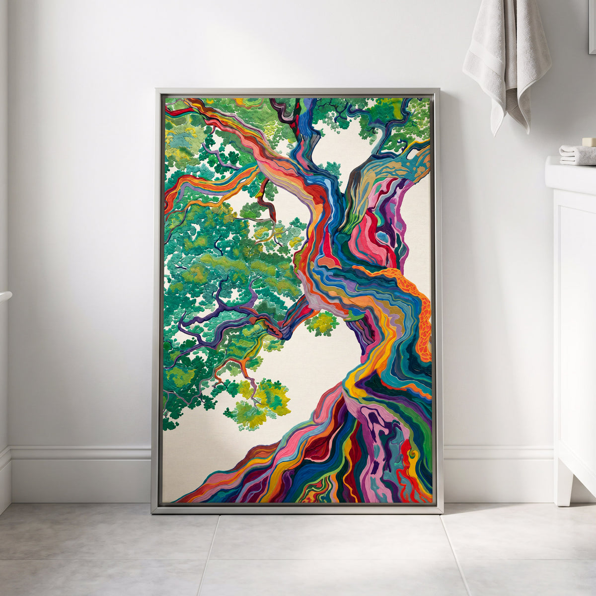 Boughs in Full Colour, green, blue, pink nature wall art displayed in a styled interior, gallery view 4