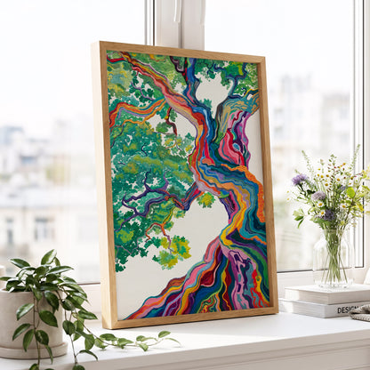 Boughs in Full Colour, green, blue, pink nature wall art displayed in a styled interior, gallery view 6